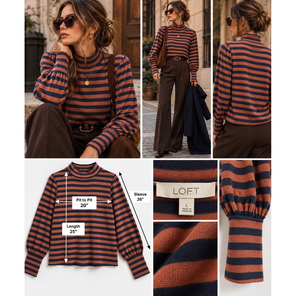 NWT LOFT Striped Mock Neck Top L Rust Navy Puff Sleeve 70s Scandinavian Preppy